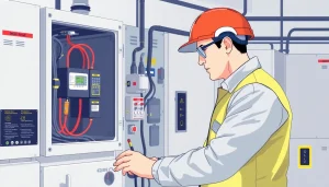 Technician conducting DGUV V3 Prüfung on electrical devices, emphasizing safety and compliance.