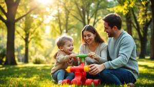 Fröhliche Familie zeigt Kindererziehung durch spielerische Interaktion im Park.
