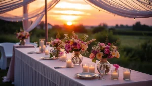 Genießen Sie schmackhaften Partyservice mit einem elegant dekorierten Buffet in malerischem Ambiente.