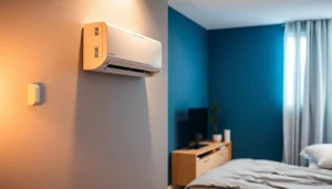 Klimaanlage kaufen: Moderne Split-Klimaanlage in stilvollem Wohnzimmer, bietet angenehmen Komfort und kühle Raumtemperatur.