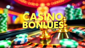 Attractive Casino Bonus promotion featuring exciting roulette wheel and game chips.