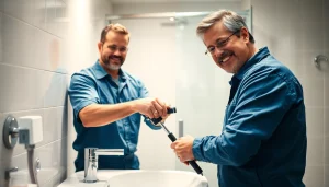 Sanitär Notdienst – Ein professioneller Klempner repariert ein Wasserleck in einem modernen Badezimmer.