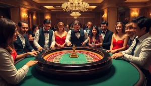 Erlebe den Eindruck eines Online Casinos in der Schweiz mit einem eleganten Spieltisch und fröhlichen Spielern.