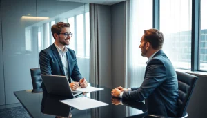 Personalvermittlung in einem professionellen Büro, wo ein Recruiter mit einem Bewerber spricht.