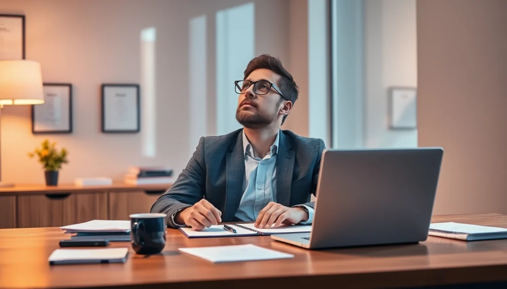 Headhunter Saarbrücken bei der Arbeit in einem inspirierenden Büro, mit Notizen und Laptop auf dem Tisch.