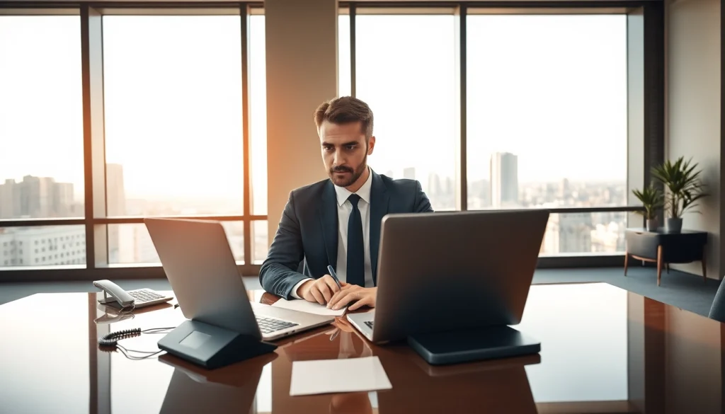 Headhunter konzentriert sich auf den Laptop in einem modernen Büro mit urbanem Blick.