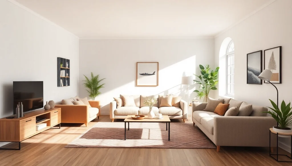 Elegante Raumgestaltung mit harmonischen Farben und stilvollen Möbeln für eine einladende Atmosphäre.