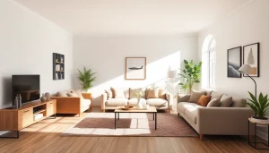 Elegante Raumgestaltung mit harmonischen Farben und stilvollen Möbeln für eine einladende Atmosphäre.