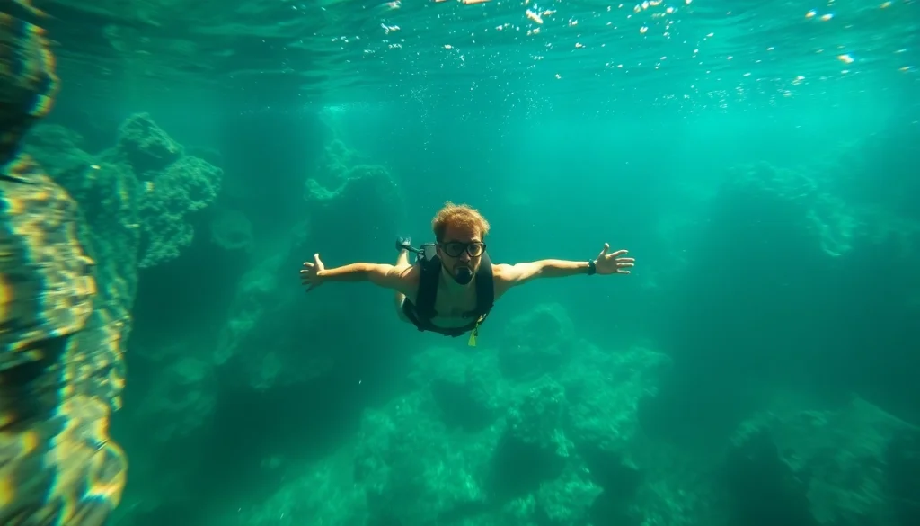 Tauchen Cenotes: Taucher erkundet eine faszinierende Cenote mit kristallklarem Wasser und beeindruckenden Felsen.