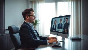 Headhunter Frankfurt in einem modernen Büro, während er mit einem Kandidaten spricht.
