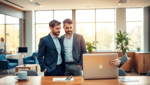 Professioneller Headhunter Kassel berät Klienten in modernem Büro mit Daten auf Laptop.