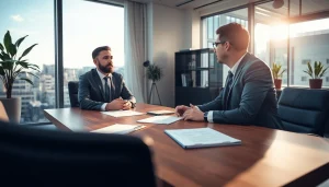 Headhunter Geschäftsführer führt Gespräch mit einem Kandidaten in modernem Büro.