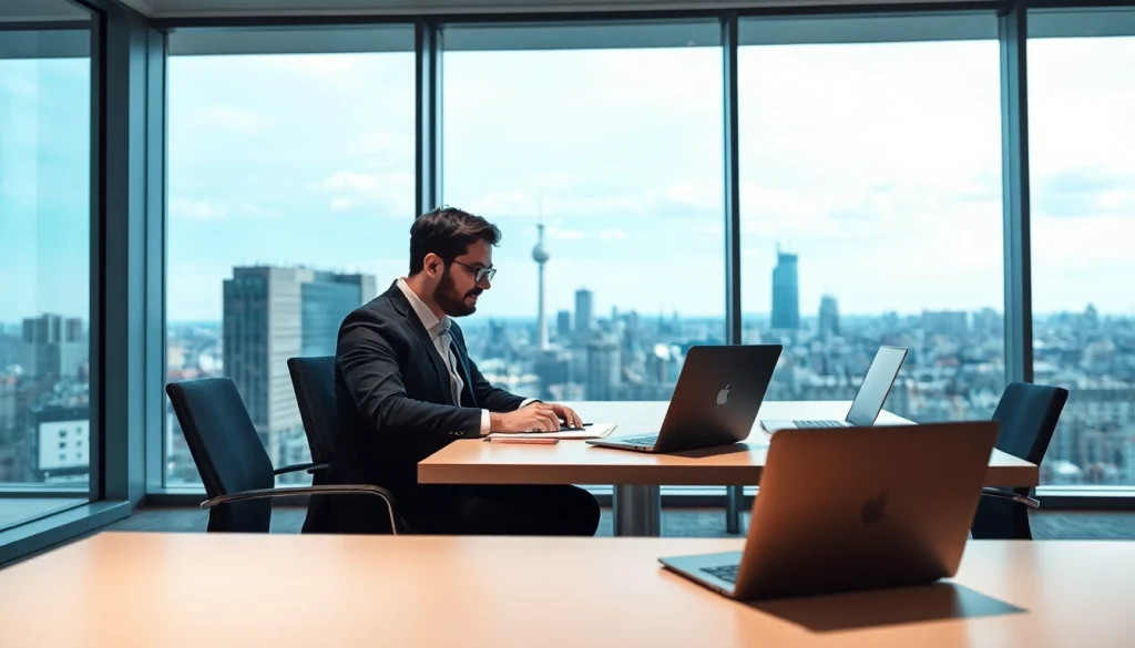 Professioneller Headhunter Berlin bei der Arbeit in einem modernen Büro mit Blick auf die Skyline.