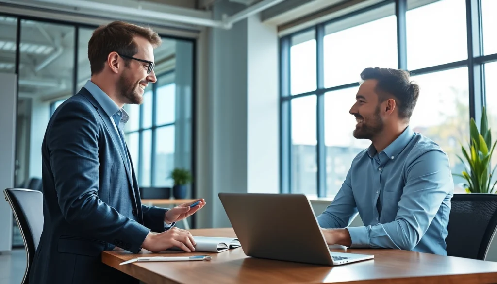 Headhunter IT im Gespräch mit einem Kandidaten in einem modernen Büro.