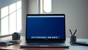 Erforschen Sie die Funktionen von Macbook Office 2024 auf einem modernen MacBook an einem stilvollen Arbeitsplatz.