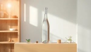 Kolloidales Silber kaufen: Premium-Flasche auf Holzregal mit Pflanzen und Kerzen für ein ansprechendes Ambiente.