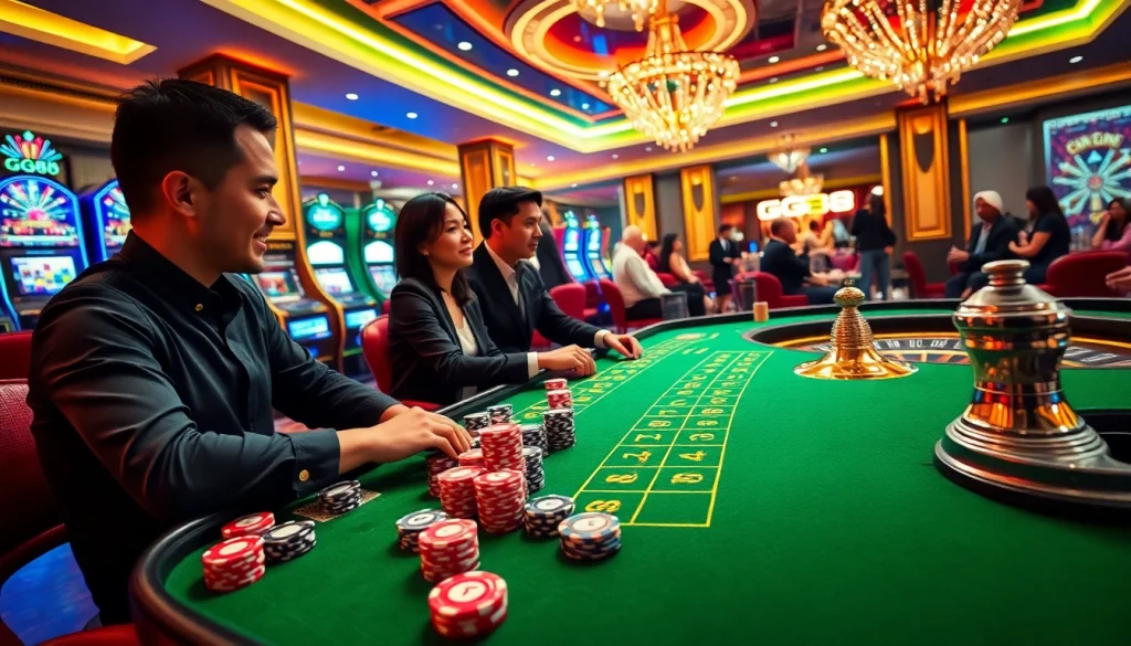 Experience the excitement of GG88 with dynamic casino gameplay featuring poker chips and a roulette wheel.