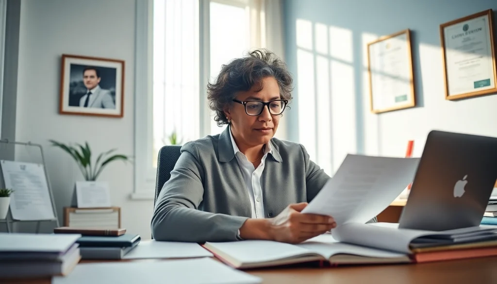 Erfahrene beglaubigte Übersetzer arbeiten professionell an offiziellen Dokumenten in einem hellen Büro.
