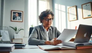Erfahrene beglaubigte Übersetzer arbeiten professionell an offiziellen Dokumenten in einem hellen Büro.