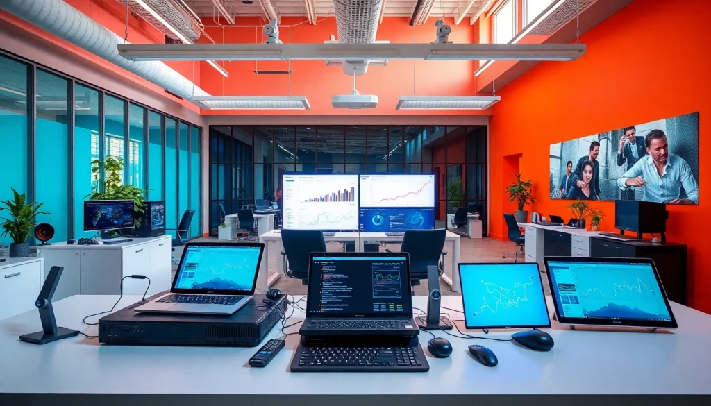 Technologie-Setup in modernem Büro mit innovativen Geräten und harmonischem Ambiente.