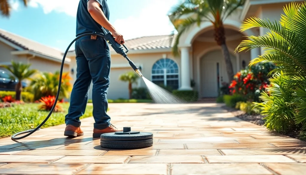 Driveway pressure wash service showcasing a technician cleaning a driveway with professional equipment.