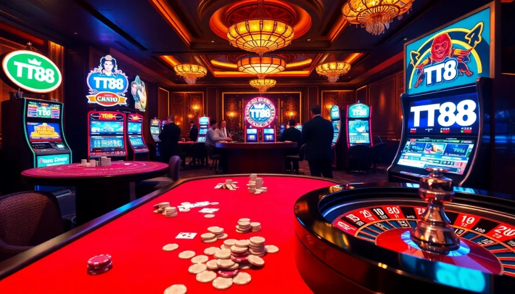 Experience the thrill of betting at TT88 with a vibrant casino scene featuring energetic players.