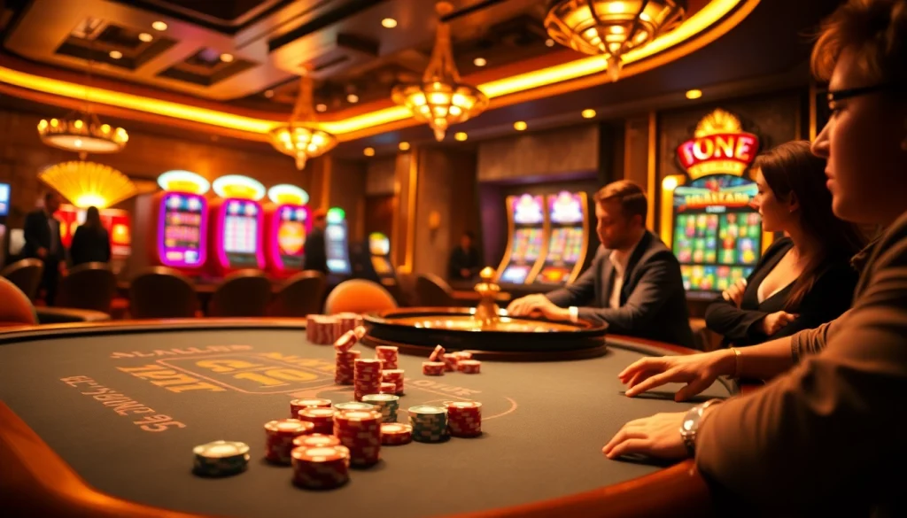 Engage in online gambling excitement at https://f8bet.dental/ with a vibrant casino atmosphere featuring poker tables and slot machines.