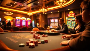 Engage in online gambling excitement at https://f8bet.dental/ with a vibrant casino atmosphere featuring poker tables and slot machines.