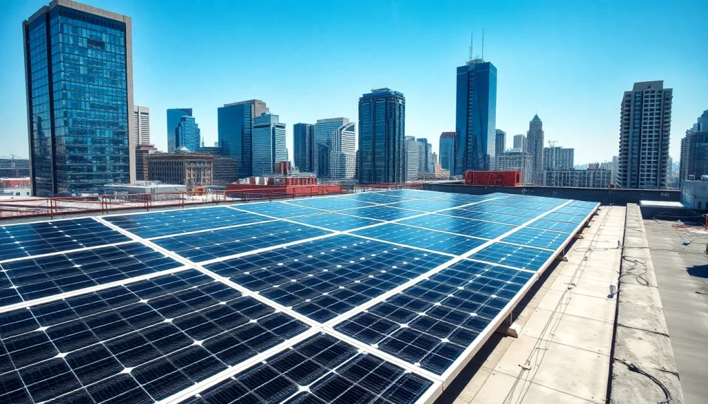 Installieren Sie eine Photovoltaikanlage Kaufen Wien auf einem modernen Dach mit Stadtblick.