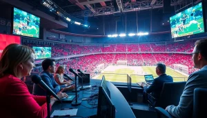 Engaging sports broadcasting scene with commentators and vibrant stadium atmosphere.