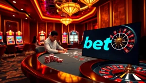 Engaging scene showcasing players placing 88i bet at a vibrant casino table with cards and chips.