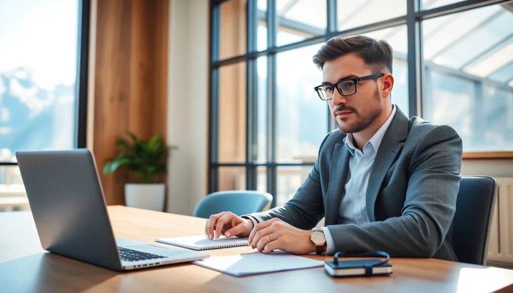 Headhunter Schweiz führt ein Gespräch in modernem Büro und zeigt professionelle Haltung.