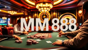 Players enjoying a poker game at a lavish casino setting featuring MM 88 branded chips and cards.