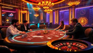 Players strategizing at the BL555 poker table in an upscale casino setting.