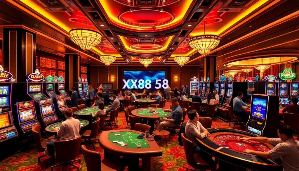 Players enjoying a luxurious casino experience at XX88 58K with poker tables and vibrant slot machines.