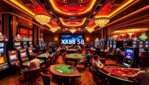 Players enjoying a luxurious casino experience at XX88 58K with poker tables and vibrant slot machines.