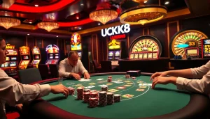 Người chơi tận hưởng một trò chơi đầy hồi hộp tại casino LUCK8, được bao quanh bởi những chip poker sống động và máy đánh bạc phát sáng.