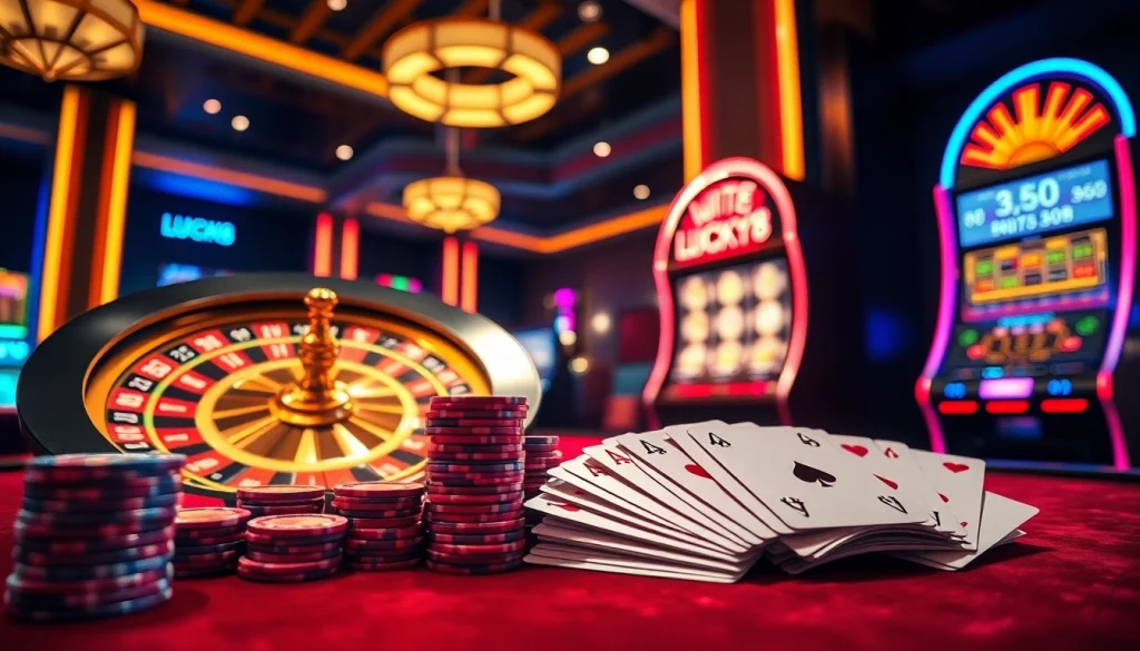 Trải nghiệm trò cược cao tại casino LUCK8 và LUCKY8 với cảnh roulette và poker sôi động.