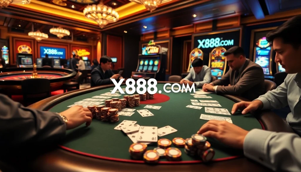 Players immersed in a thrilling game at X88.COM's casino table, showcasing excitement and professionalism.