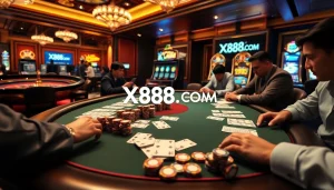 Players immersed in a thrilling game at X88.COM's casino table, showcasing excitement and professionalism.