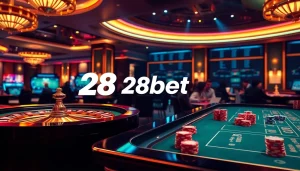 Players engaged at a poker table with the 28bet logo in a luxurious casino setting.